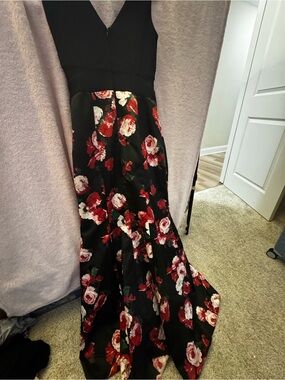 Xscape Black Gown with Red and White Floral Skirt